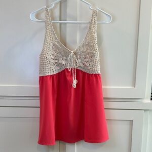 VENUS Cream and Coral Crochet Smocked Tank Top Women’s Size Medium